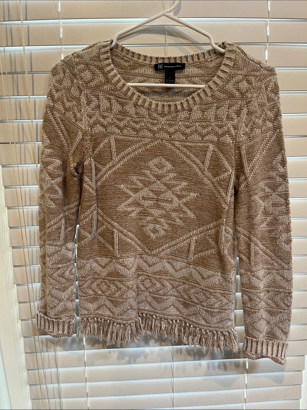 INC International Concepts Tan & Cream Aztec Fringe Crewneck Sweater